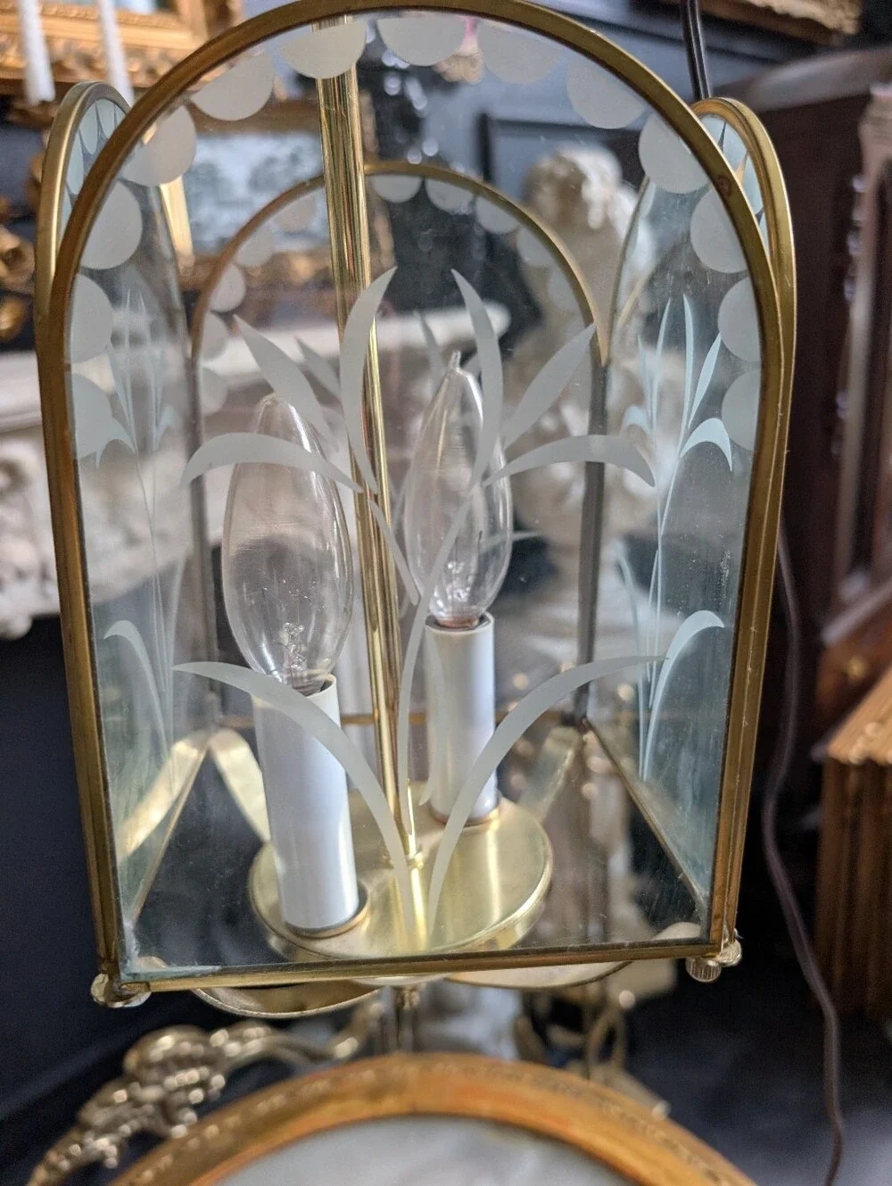 Vintage 1960s Polished Gold Metal Clear Etched Glass Chandelier Pendant Light La